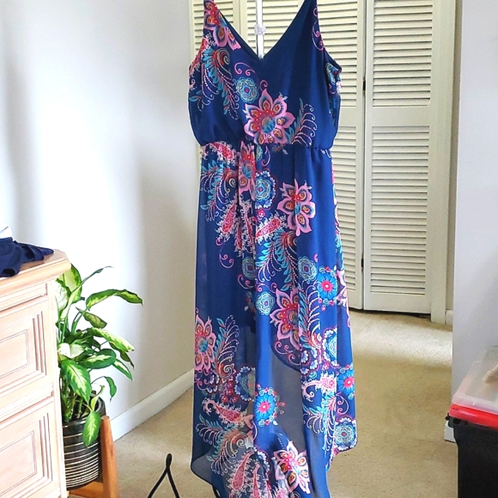 IZ Byer Summer spaghetti strap high low dress size S. Peacock blue.